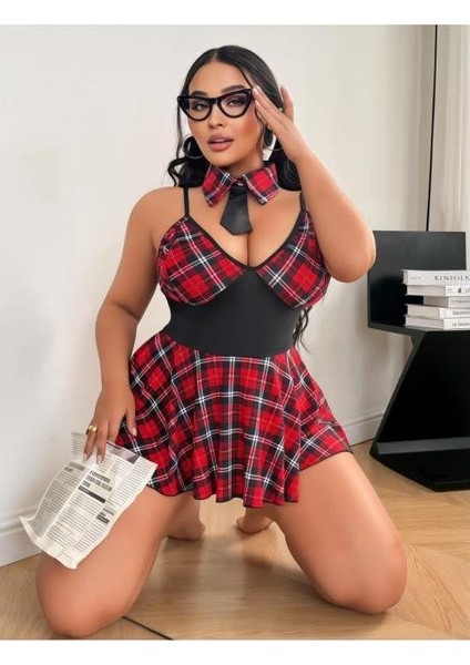 Venüsshopping- Büyük Beden Ekoseli Kravatlı Liseli Fantezi Kostüm