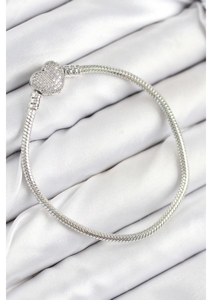 Pirinç Charm Zirkon Taşlı Kalp Model Gümüş Renk Kadın Bileklik Öğretmenler Sevgililer Kadınlar ve Anneler Günü Hediyesi