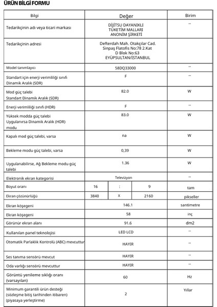 58 DQ 33000 58'' 147 Ekran Uydu Alıcılı 4K Ultra HD QLED Google TV modelleri