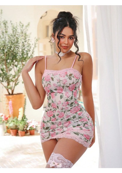 Venüsshopping- Çiçek Desenli Seksi Elbise Takımı ( Çorap Dahil Değildir )
