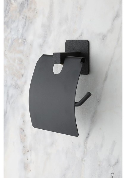 Banyo Kare Siyah Yapışkanlı Kapaklı Tuvalet Kağıtlığı Wc Kağıtlık Modern Stil ve Kolay Temizlik