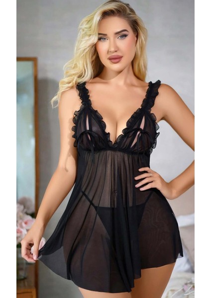 Siyah Kadın Fantazi Gecelik Tül Askı ve Göğüs Fırfır Detaylı 2110 fiyatları