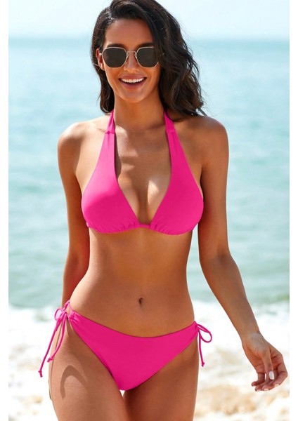 Kadın Fuşya Belden, Boyundan Bağlamalı ve Ayarlanabilir Külotlu Üçgen Bikini Mayo Takımı