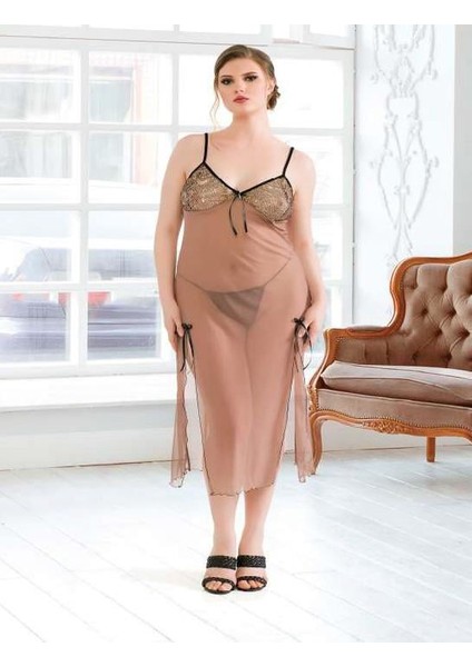 Venüsshopping- Büyük Beden Kahverengi Tül Fantezi Uzun Yırtmaçlı Gecelik fiyatları