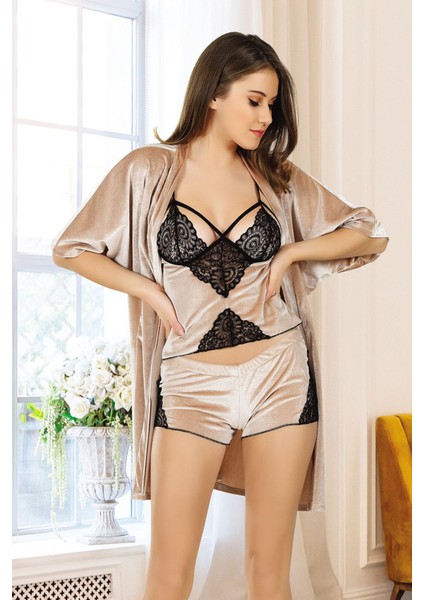 Vizon Kadife Dantelli Sabahlık & Gecelik Takım 3' Lü - 1398 modelleri