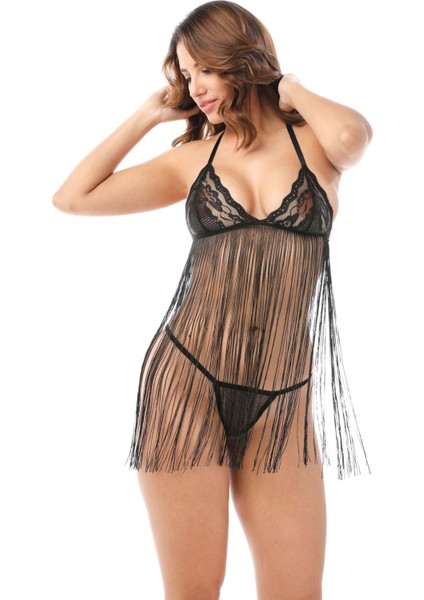 Siyah Püsküllü Dantel Gecelik - 225