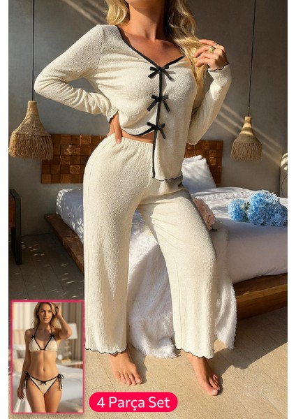 Venüsshopping- Kadın Beyaz Fiyonklu Iç Çamaşırı ve Uzun Kollu V Yaka Pijama Takımı 4'lü Set