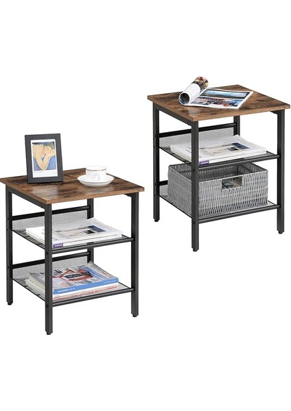 Komodin, 2'li Set, Ayarlanabilir File Raflı, Oturma Odası, Yatak Odası, Endüstriyel, Sağlam Çelik Çerçeve, Rustik Kahverengi + Siyah