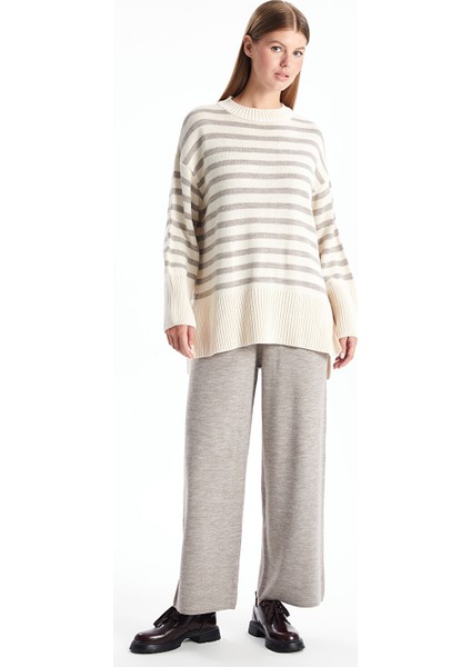 Yeni Sezon Beli Lastikli Düz Geniş Paça Kadın Triko Pantolon