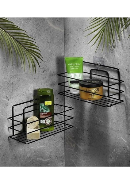 Haus Ömür Boyu Paslanmaz Yapışkanlı Banyo Düzenleyici Şampuanlık Duş Rafı 2 Adet Siyah Tş-01