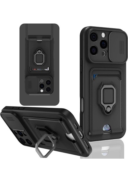 Newface Iphone 16 Kılıf Zuma Kartvizitli Yüzüklü Silikon - Siyah