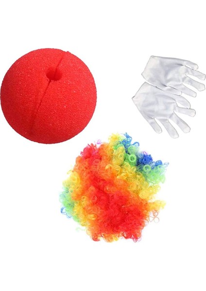 Rengarenk Palyaço Peruk Beyaz Eldiven Kırmızı Sünger Burun Palyaço Seti 3 Parça fırsatları