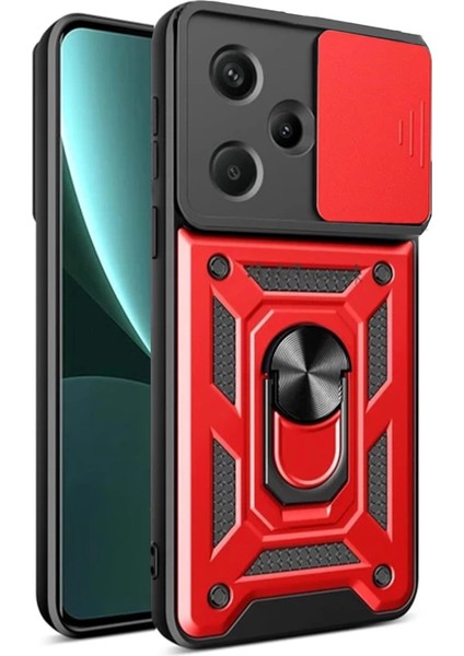 Newface Redmi Note 13 Kılıf Pars Lens Yüzüklü Silikon - Kırmızı