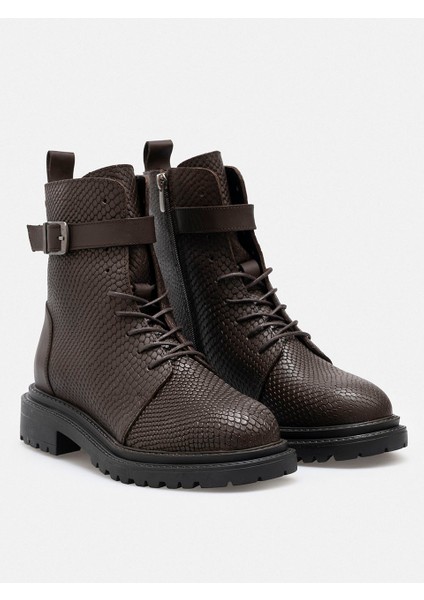 Yılan Baskı Kahverengi Hakiki Deri Bağcıklı Fermuarlı Kadın Bot fiyatları