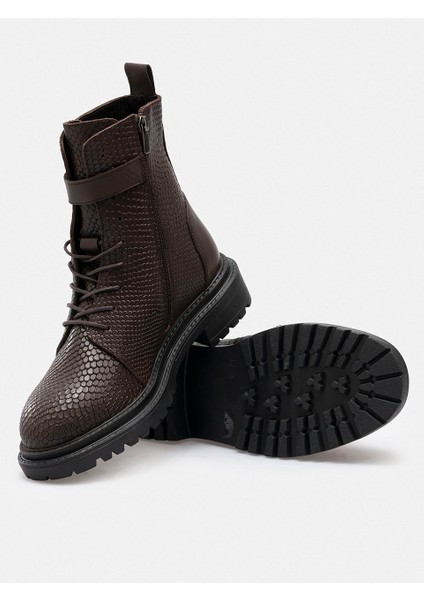 Yılan Baskı Kahverengi Hakiki Deri Bağcıklı Fermuarlı Kadın Bot modelleri