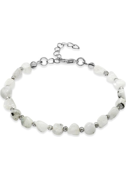 Gümüş Renk Metal Zincirli Dorika Top Süslemeli Amorf Ay Taşı Doğaltaş Erkek Bileklik