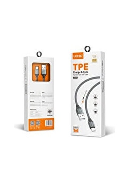 Cep Telefonu Hızlı Şarj Kablosu 2 m Lightning Gri Renk Dayanıklı Tasarım