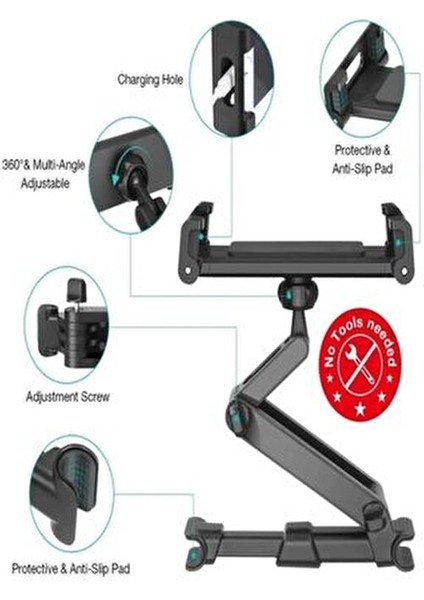 Vantuzlu Araç İçi Telefon Tutucu 360° Döner Başlık ile 4-11 inç Tabletler için Uygun