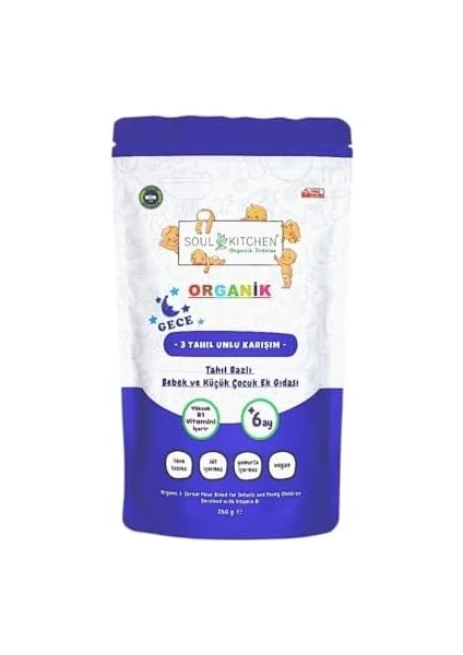 Soul Kitchen Organik Bebek Gece Maması Tahıl Bazlı B1 Vitaminli Ek Gıda 3 Tahıl Unlu Karışım 250GR fiyatları