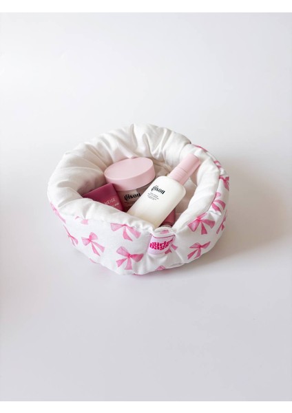 Pembe Kurdeleli Organizer Sepet Dolap Içi Düzenleyici Makyaj Çantası Kumaş Organizer Çanta