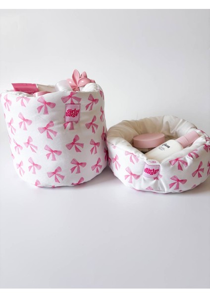 Pembe Kurdeleli Organizer Sepet Dolap Içi Düzenleyici Makyaj Çantası Kumaş Organizer Çanta fırsatları