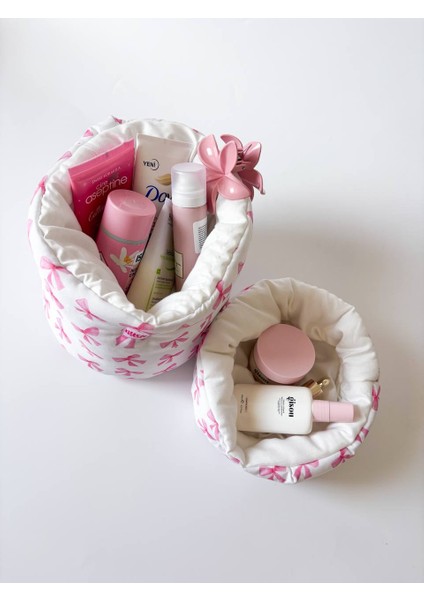 Pembe Kurdeleli Organizer Sepet Dolap Içi Düzenleyici Makyaj Çantası Kumaş Organizer Çanta indirimleri