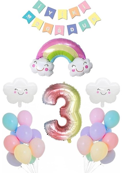 Yaş Gökkuşağı Bulut Konsepti Doğum Günü Parti Kutlama Seti Renkli 3 Yaş Temalı Eğlenceli Set