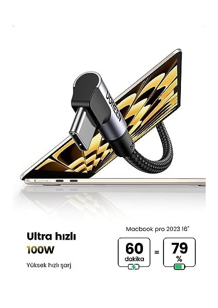 Type-C To Type-C 100 W 5A Örgülü 90 Derece Şarj Kablosu 1 Metre fiyatları