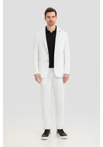 Beyaz Slim Fit Keten Erkek Takım Elbise Yazlık Şık Model