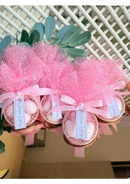 10 Adet Pembe Kurdele Süslemeli Halka Şekerleme (Nikah, Nişan, Söz, Düğün Hediyeliği) (Magnetsiz)