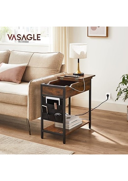 Elektrikli Sehpa, Yan Masa, Katlanır Masa, Başucu Masası, Elektrik Soketli, Kumaş Eşya Torbalı, Vintage, Kahverengi - Siyah, LET311B01 fiyatları