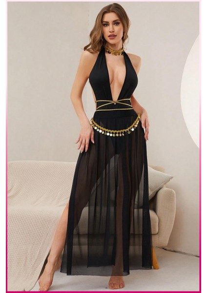 Kadın Transparan Uzun Gecelik – Altın Detaylı Zarif Tül Kumaş Tasarım indirimleri