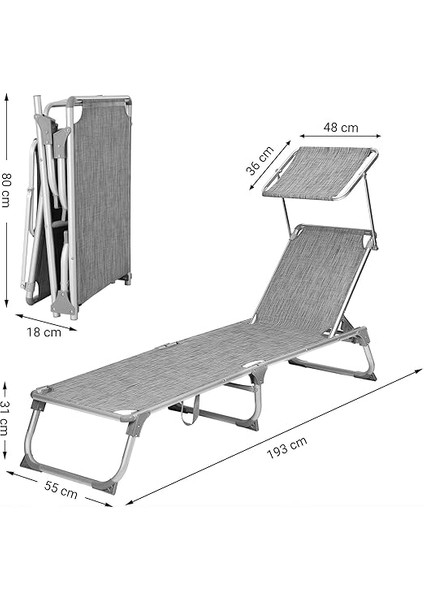 Ayarlanabilir ve Katlanabilir Gölgelikli Şezlong, 55X193X31 Cm, Gri Kırçıllı, GCB19TG modelleri