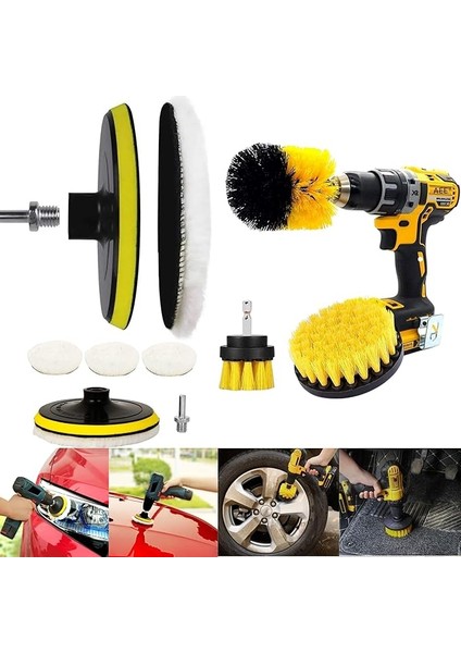 9'lu Matkap Ucu Fırça Seti Temizleme Parlatma Pasta Cila Jant Tekerlik Far Araba Araç Oto Temizlik Fırçası Seti Banyo Fayans Mutfak Duşakabin Tuvalet Halı Temizleme Kiti Parke Fayans Parlatma