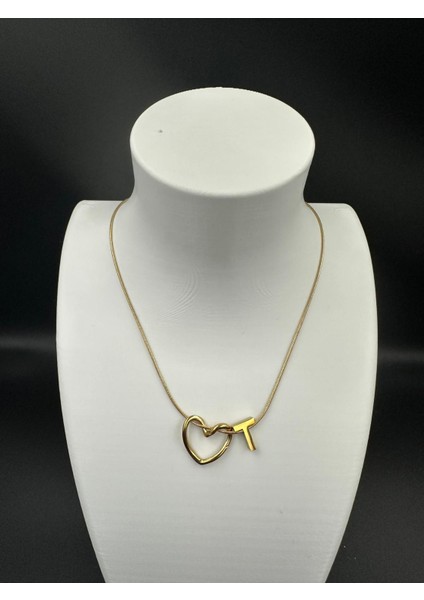 Altın Renk Kalp ve T Harfi Detaylı Çelik Kolye
