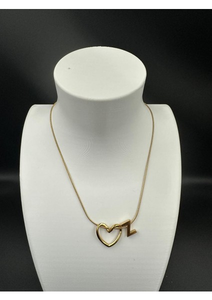 Altın Renk Kalp ve Z Harfi Detaylı Çelik Kolye