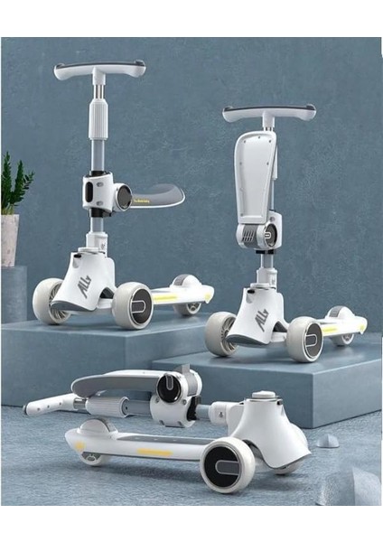 3 Tekerlekli Katlanabilir Çocuk Scooterı | Işıklı & Müzikli | Ayarlanabilir Yükseklik | Oturmalı & Ayakta Kullanım | 1-12 Yaş | 80KG Taşıma Kapasiteli Scooter