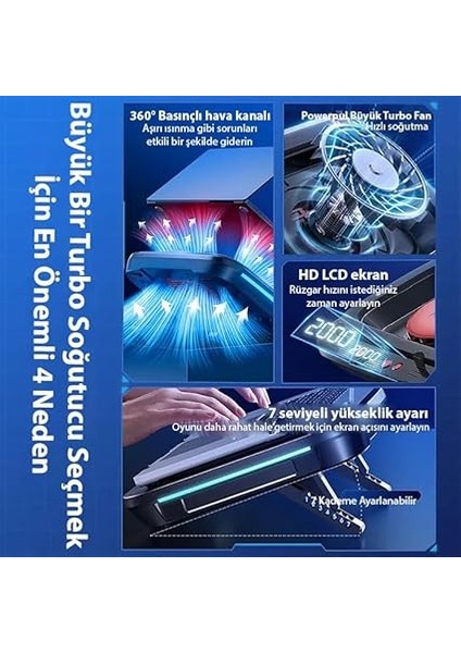 FL08 7 Seviyeli Yükseklik Ayarlanabilir Dizüstü Bilgisayar Soğutucu Yükseltici Braket Turbo Fan Soğutma Radyatörü, Sıyah indirimleri