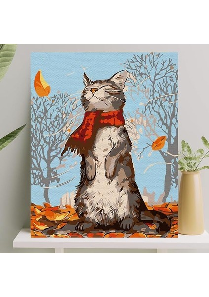 Hobi Sanat Sayılarla Boyama Tuval Seti Kedi ve Sonbahar 40X50 cm Çıtalı Fırça ve Boya Dahil