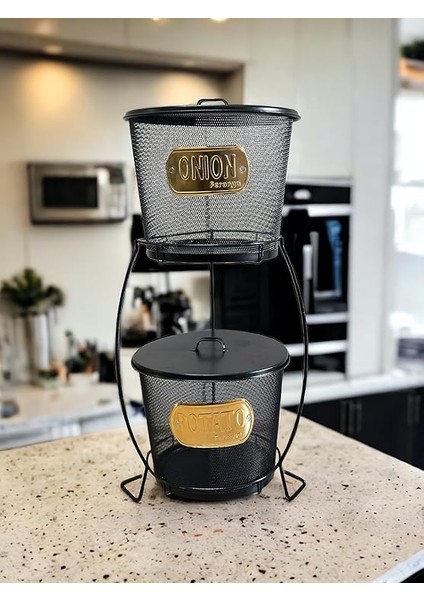 2 Katlı File Çelikten Üretilmiş Standlı Patates Soğan Kovaları, 2'li Metal Patates Soğanlık (Siyah) fiyatları