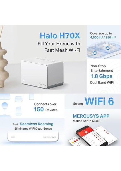 Halo H70X 2-Pack, AX1800MBPS, Dual-Band, Gigabit Portları, 150'YE Kadar Cihaz Bağlanabilir, 350 M²'ye Kadar Kapsama, Akıllı Bağlantı, Mobil Uygulama ile Kolay Kurulum, Wi-Fi 6 Mesh Sistemi modelleri