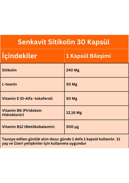 Sitikolin + L-Teanin + B6 ve Vitamin E Içeren 30 Kapsül modelleri