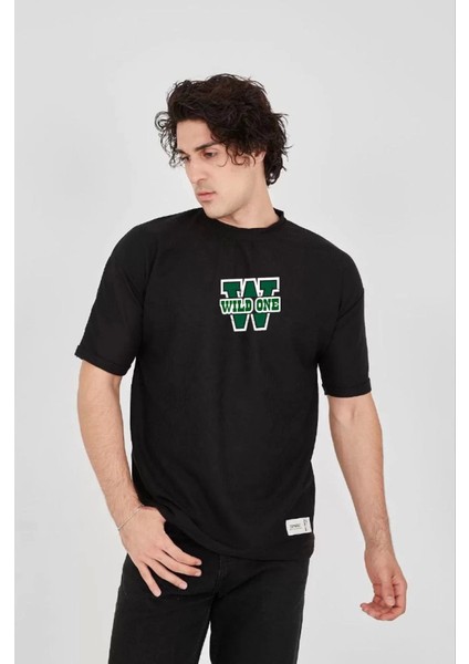 Unisex Waffle Kumaş Çift Katlamalı Kol Baskılı T-Shirt - Siyah