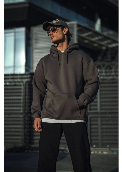 Üç Iplik Penye Kapşonlu Basic Sweatshirt - Antrasit modelleri