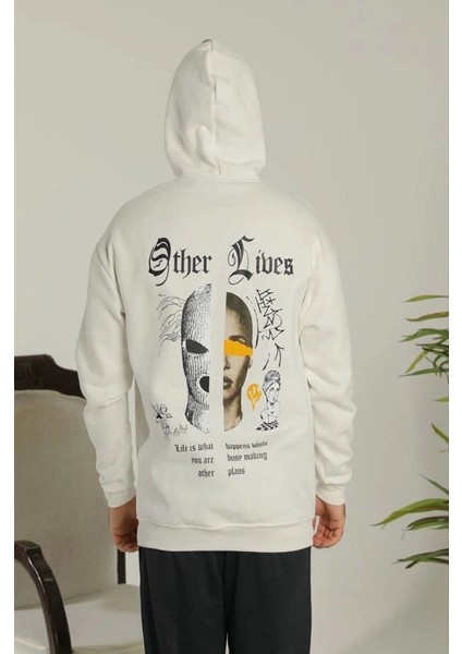 Oversize Üç Iplik Şardonlu Kapüşonlu Sweatshirt – Beyaz “other Lives” Ön ve Arka Baskı