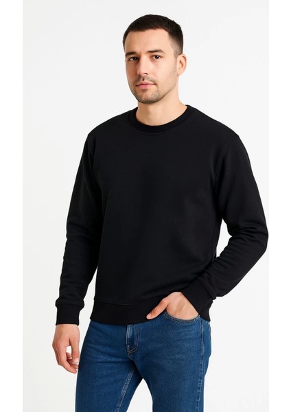 Erkek Üç Iplik Düz Bisiklet Yaka Sweatshirt - Siyah fırsatları