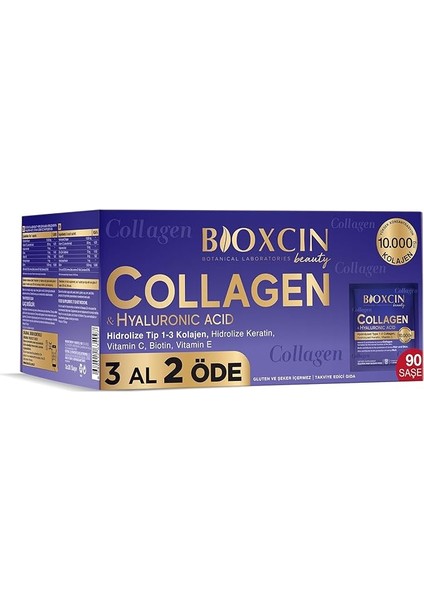 Beauty Collagen Toz Saşe 10.000 Mg – Tip 1 & Tip 3 Hidrolize Kolajen, Keratin, Biotin, C ve E Vitamini, Hyaluronik Asit – Ananas Aromalı – 3 Al 2 Öde