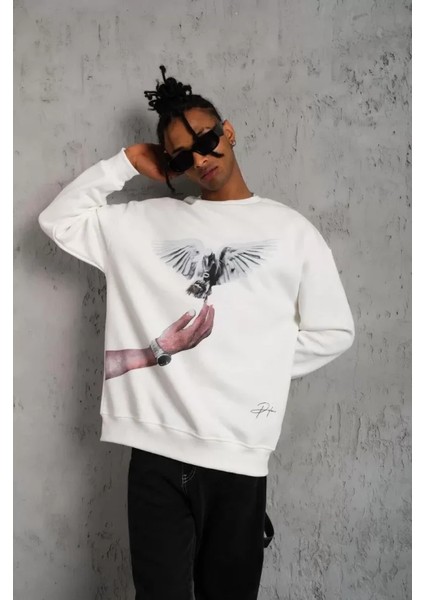 Erkek Güvercin Baskılı Sweatshirt - Beyaz fırsatları