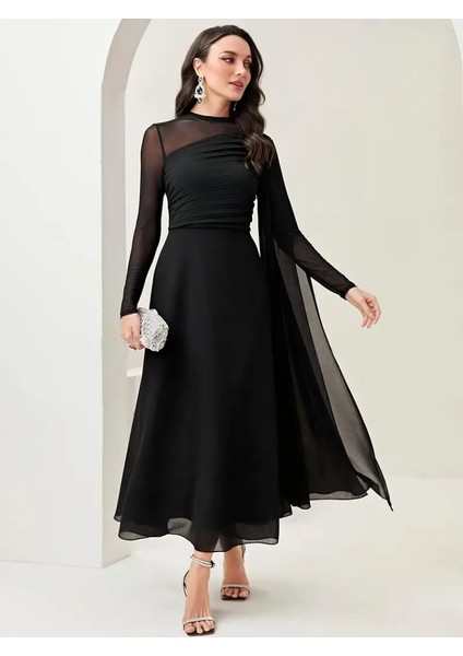 Kadın Uzun Kollu Yarı Balıkçı Yaka Tül Detaylı Uzun Sandy Elbise