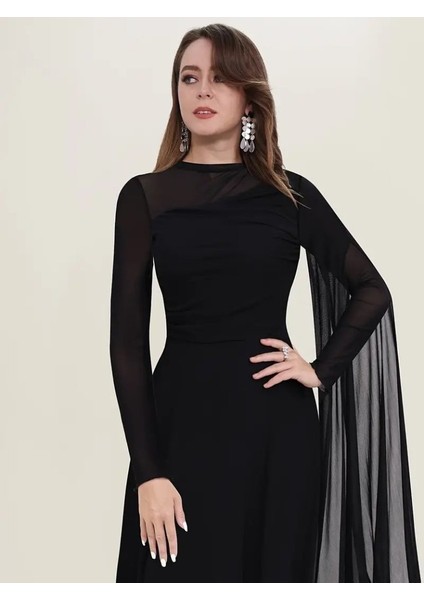 Kadın Uzun Kollu Yarı Balıkçı Yaka Tül Detaylı Uzun Sandy Elbise modelleri